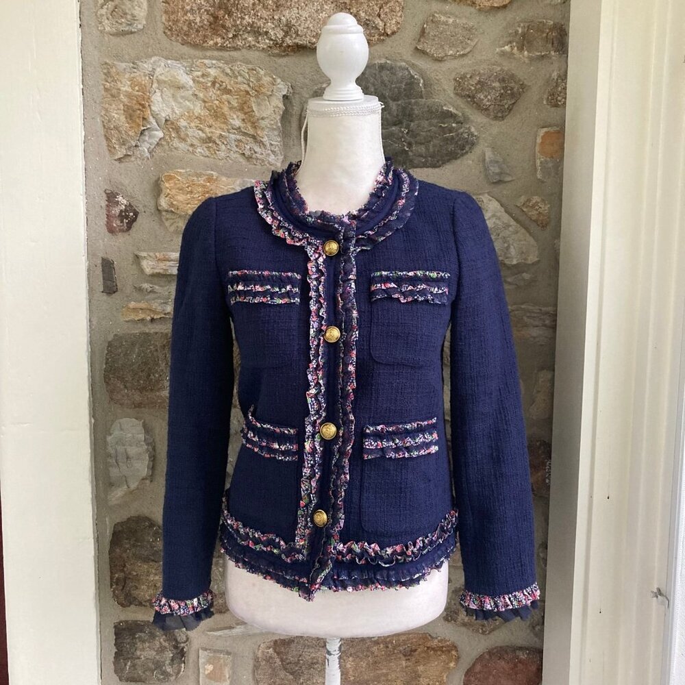 J Crew Lady Jacket Blazer Liberty London Floral Trim Tweed Navy Womens 0 - Picture 4 of 11